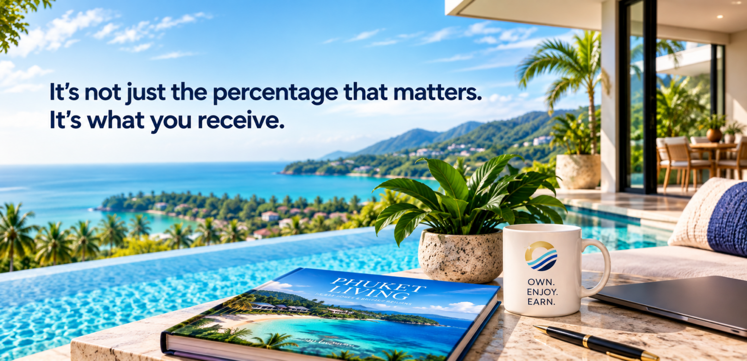 Infinity pool and terrace at a Phuket villa overlooking the coastline, with a Pearl Property Phuket mug: it is not just the percentage that matters, it is what you receive