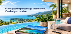 Infinity pool and terrace at a Phuket villa overlooking the coastline, with a Pearl Property Phuket mug: it is not just the percentage that matters, it is what you receive